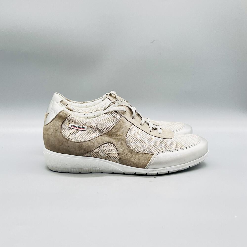 Mephisto Mobils Shoes Womens 8.5 Beige Gold Snake Print Walking Sneakers Comfort